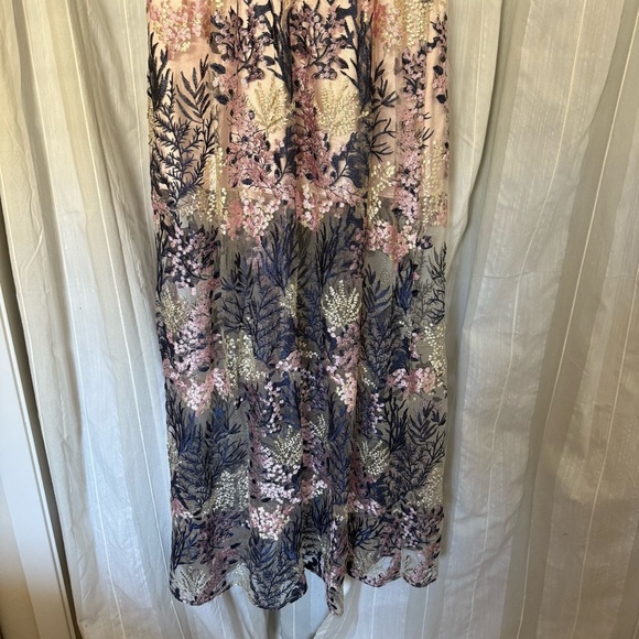 AQUA Embroidered Mesh Maxi Dress Blush Multi XS | Floral Lace Overlay Gown - Picture 9 of 12
